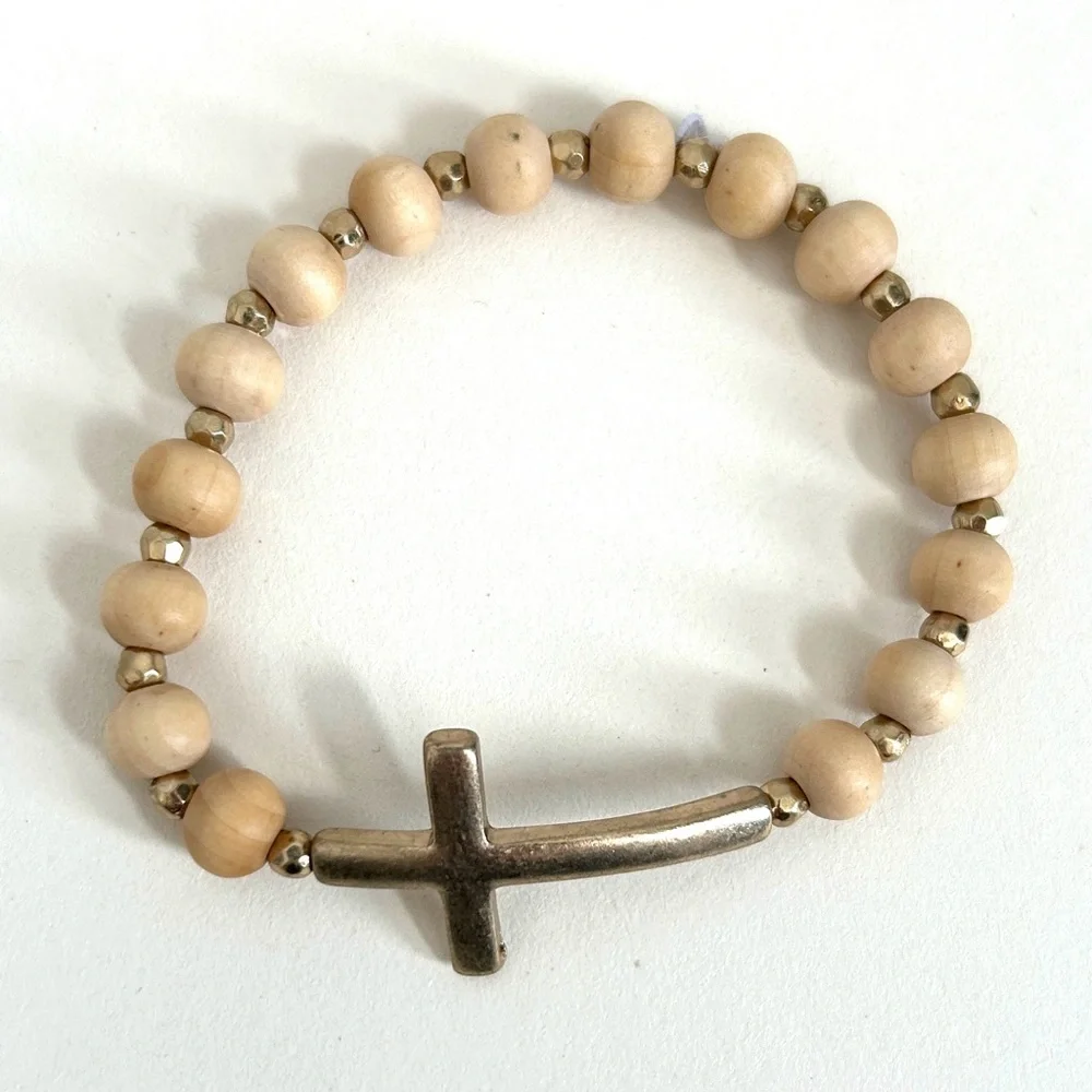 Wood Bead Bracelet with Side Cross - Picture 2 of 2